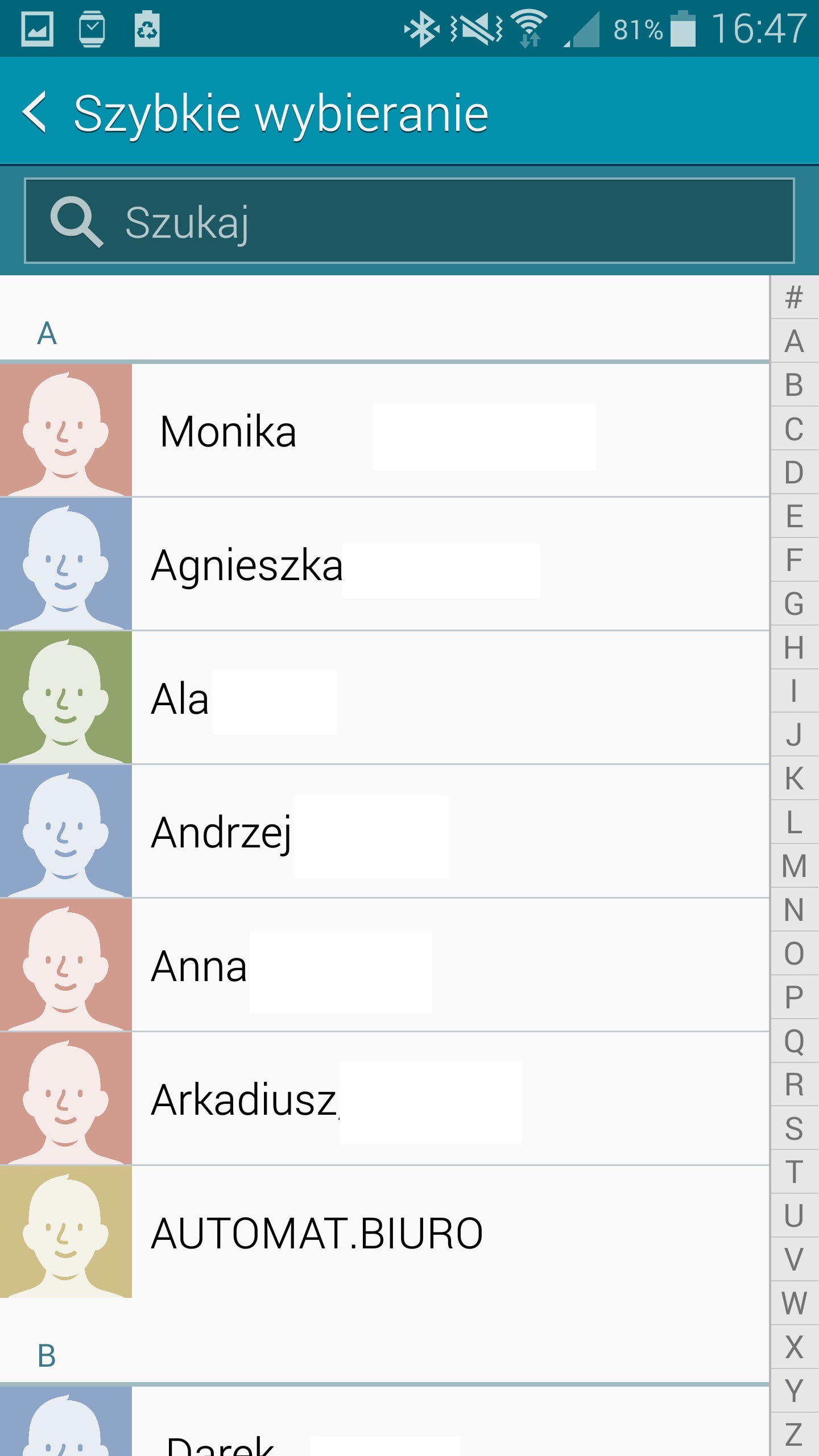 Klikając na wybranej cyfrze pojawi się lista dostępnych Kontaktów