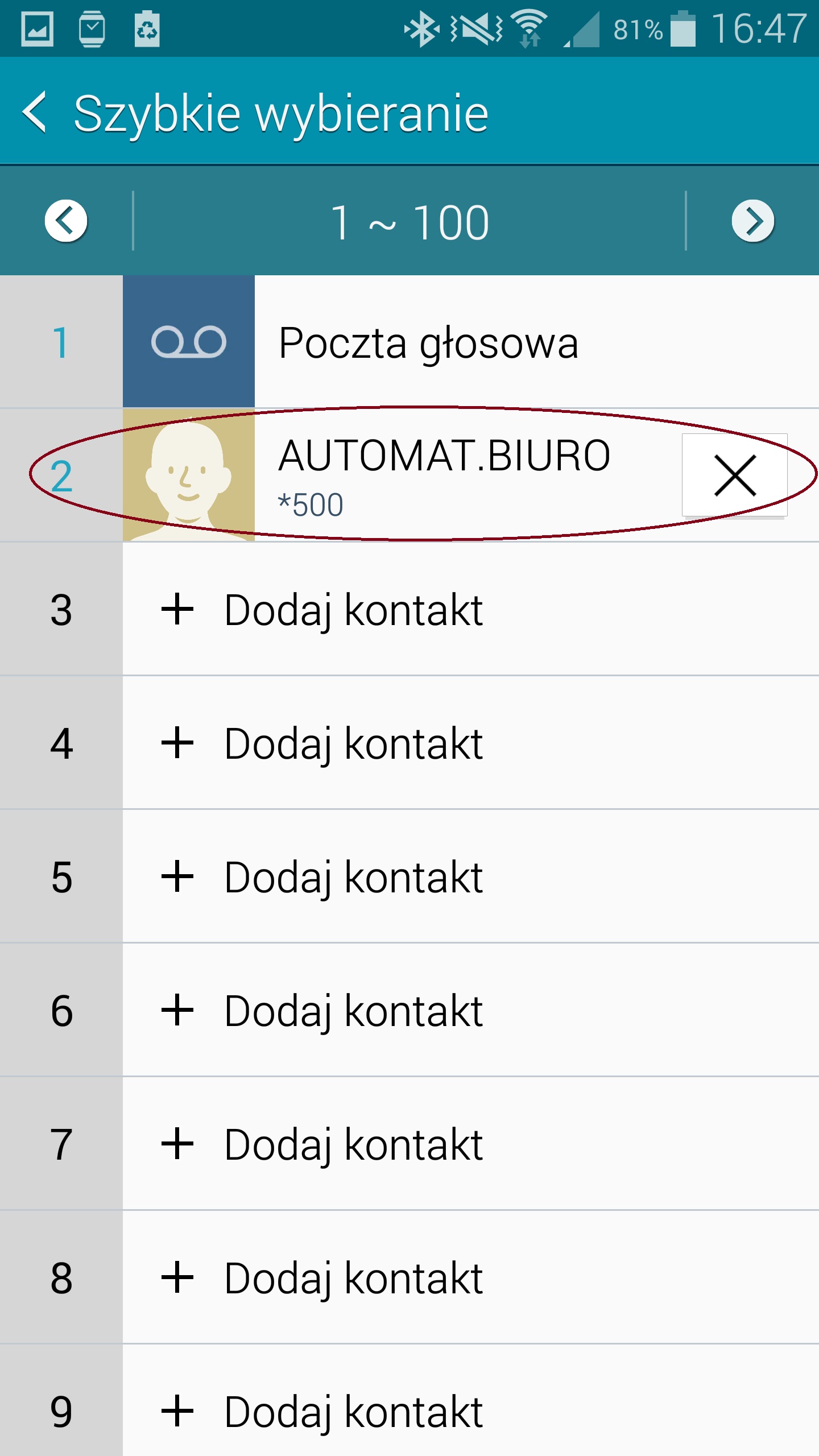 Po wybraniu Kontaktu pojawi się on na liście Szybkiego Wybierania