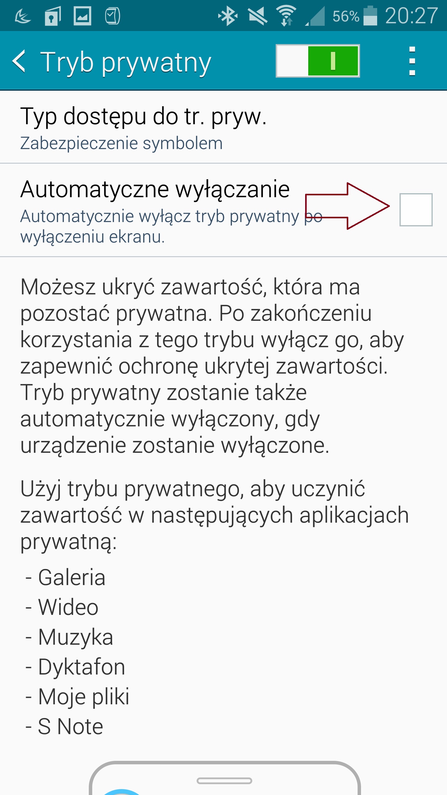 Po zatwierdzeniu Pinu pojawia się okno z informacjami jak zabezpieczony jest Tryb Prywatny