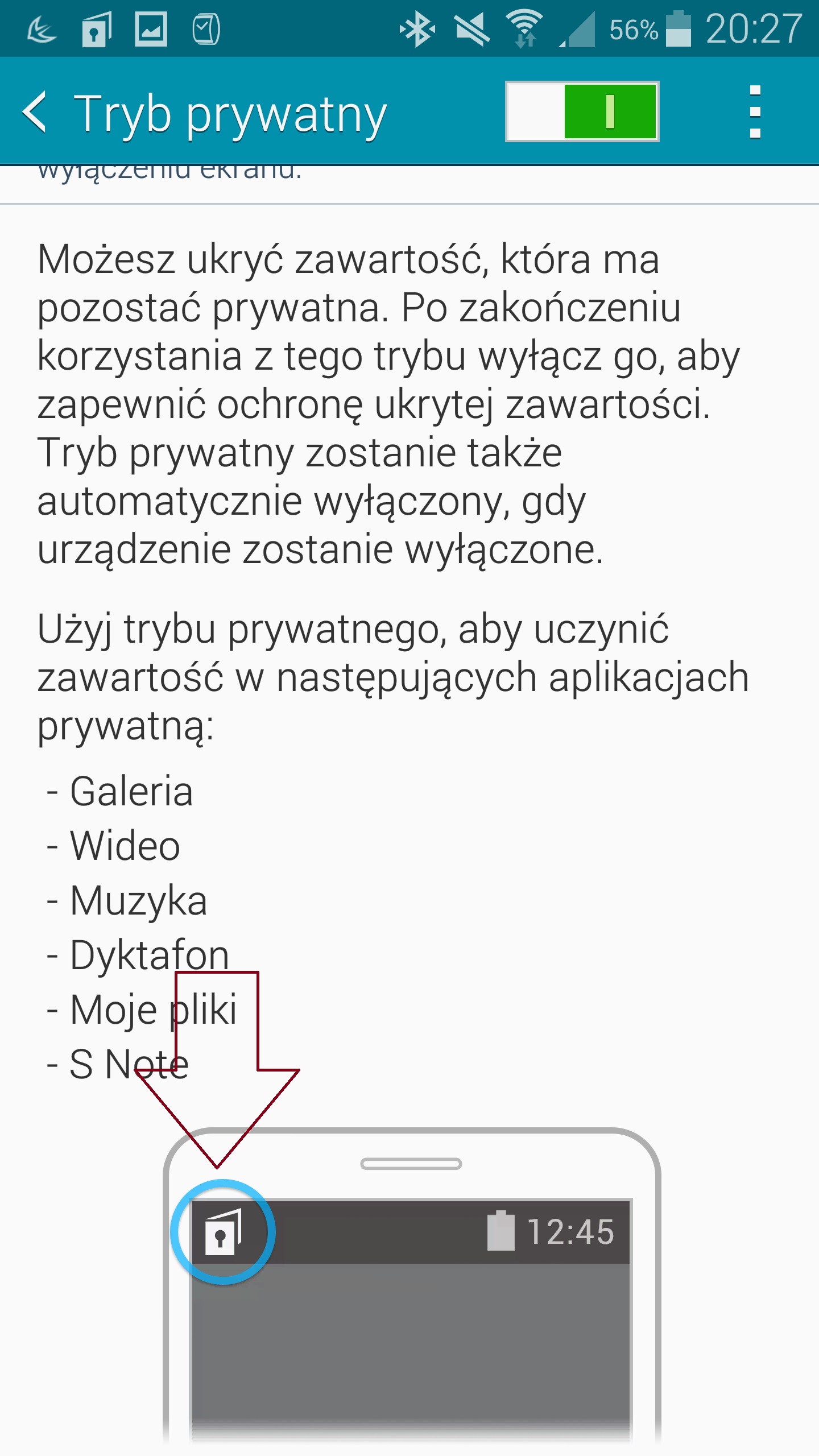O tym czy Tryb Prywatny jest uruchomiony czy nie informuje nas odpowiednia ikona w lewym górnym rogu ekranu