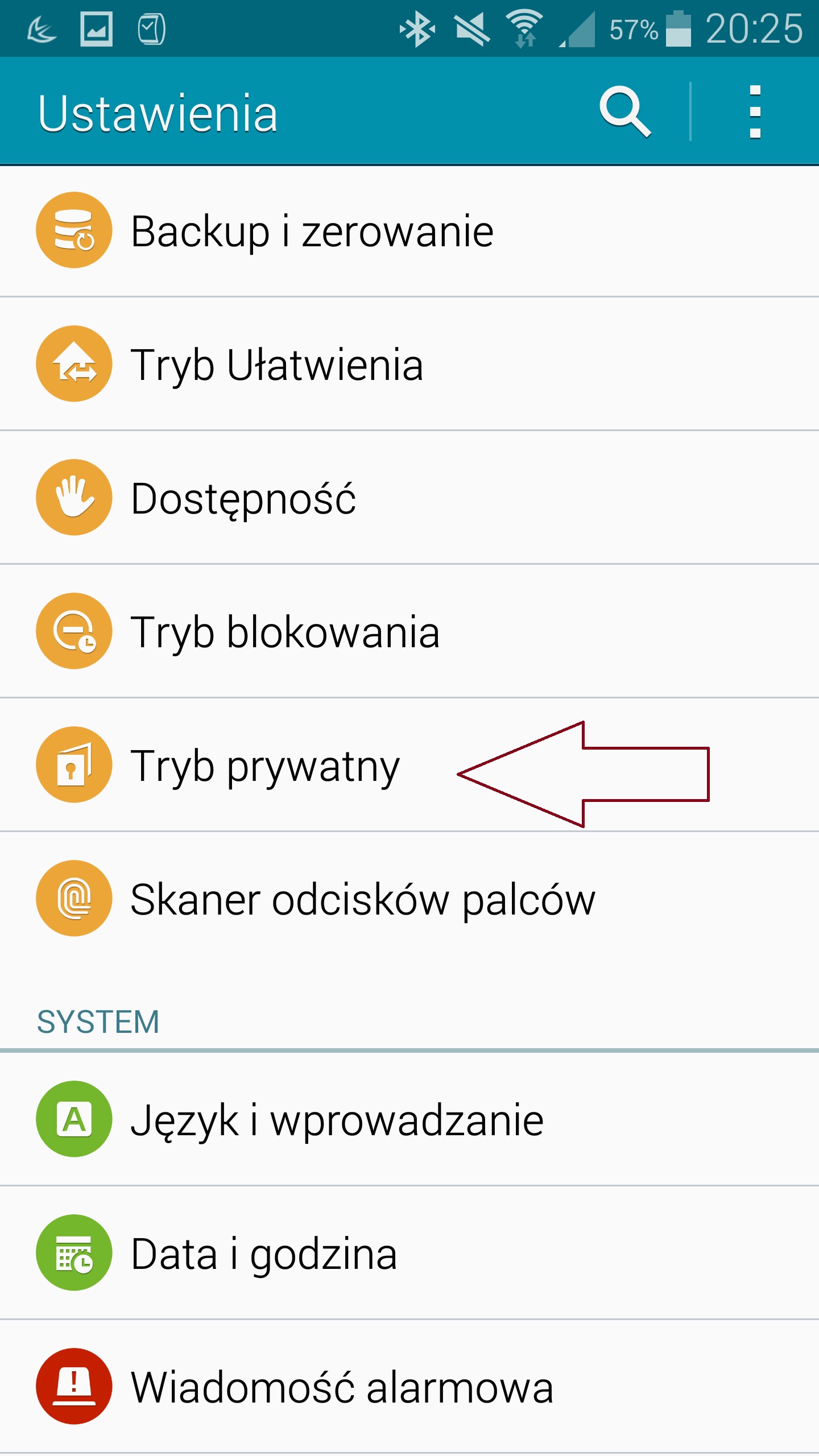 Aby uruchomić Tryb Prywatny przechodzimy do Ustawień a następnie na liście wybieramy Tryb Prywatny