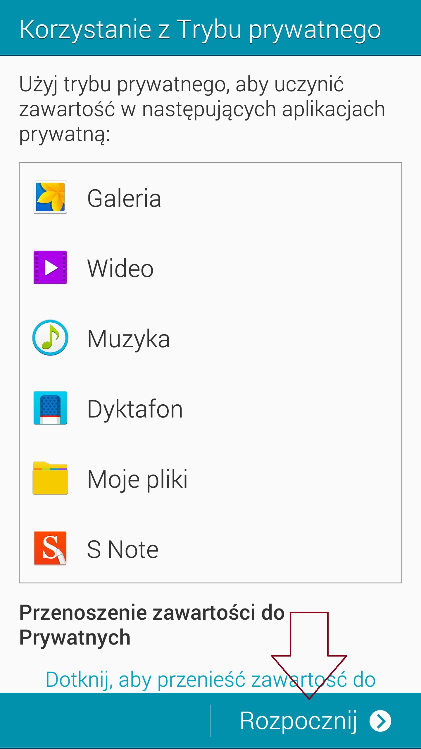W kolejnym oknie pojawia się komunikat jakie dane możemy zabezpieczyć używając Trybu Prywatnego
