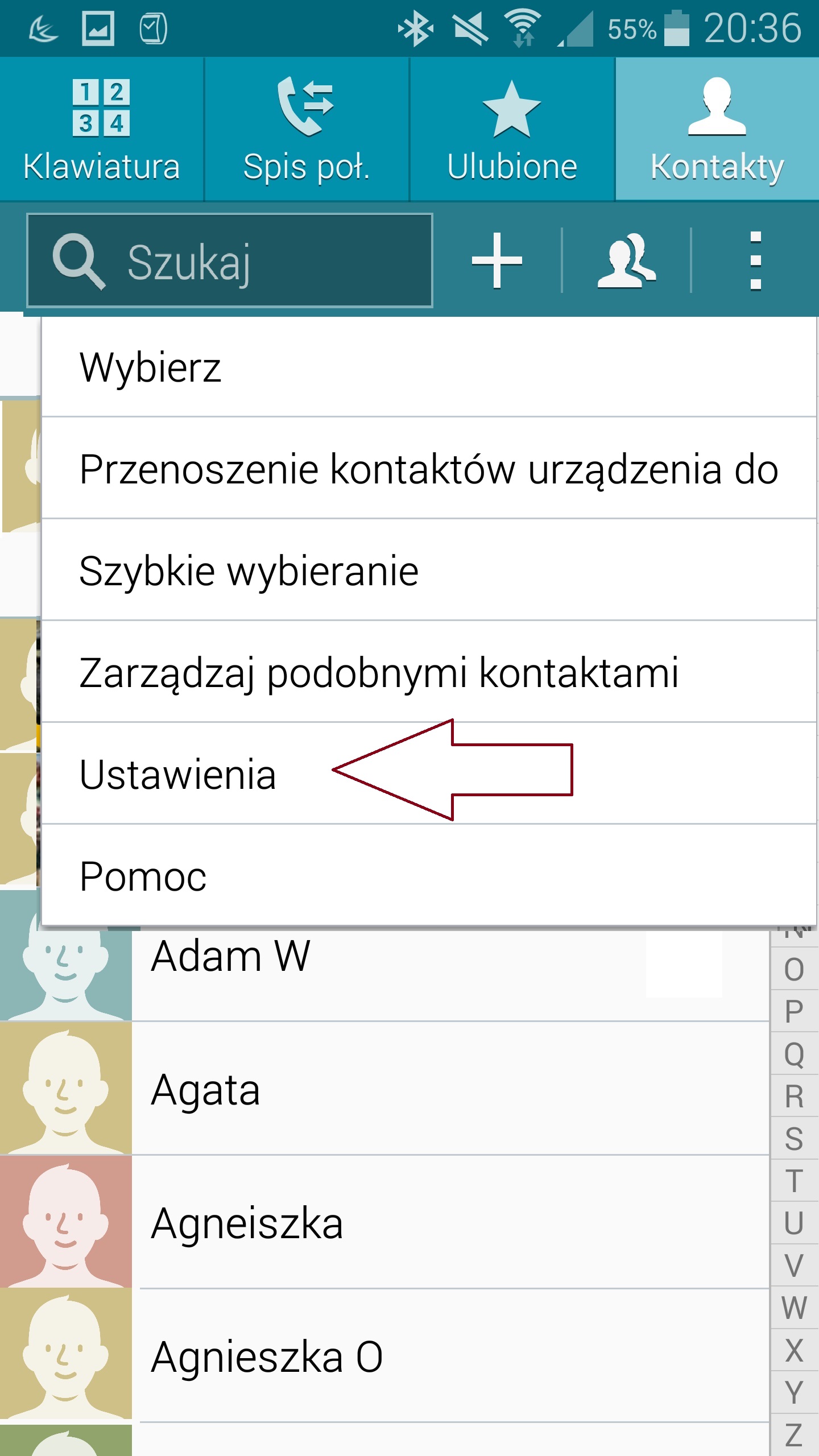 Z listy Opcji wybieramy Ustawienia