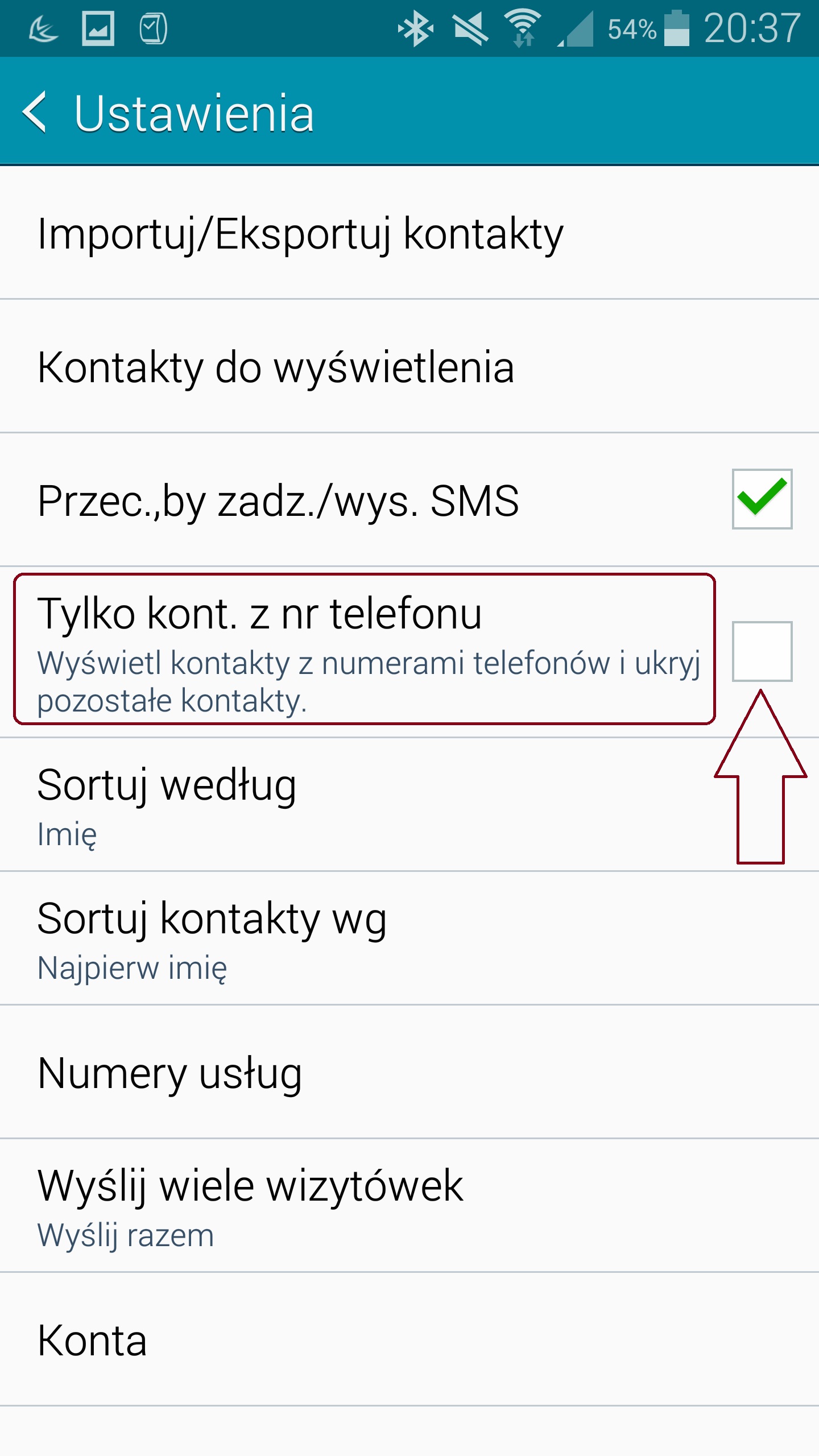 W nowym oknie na liście dostępnych ustawień odnajdujemy pozycję Tylko kontakty z nr Telefonu