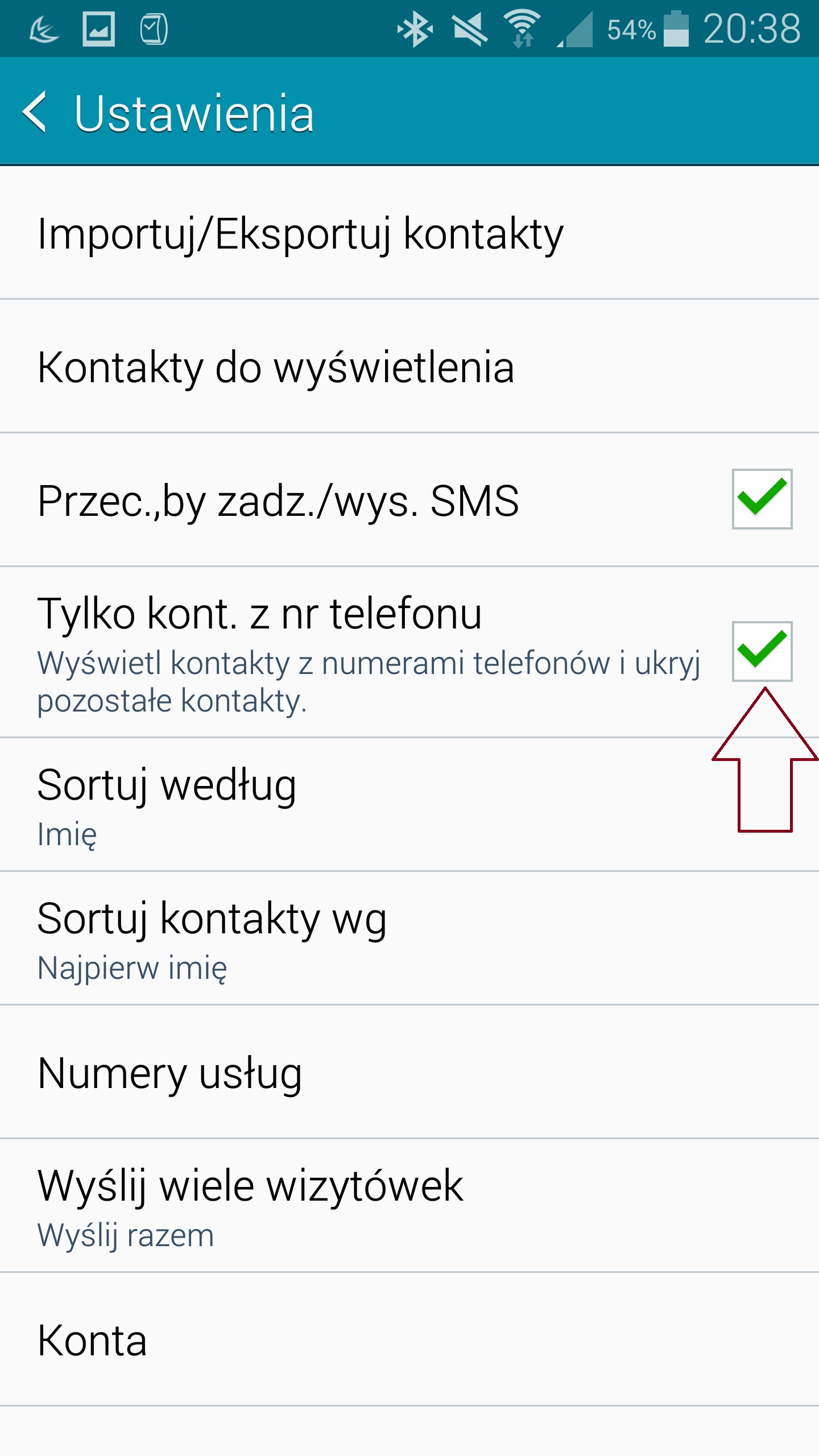 Zaznaczając tą opcje nastąpi ograniczenie wyświetlania Kontaktów tylko do tych które zawierają numery telefonów