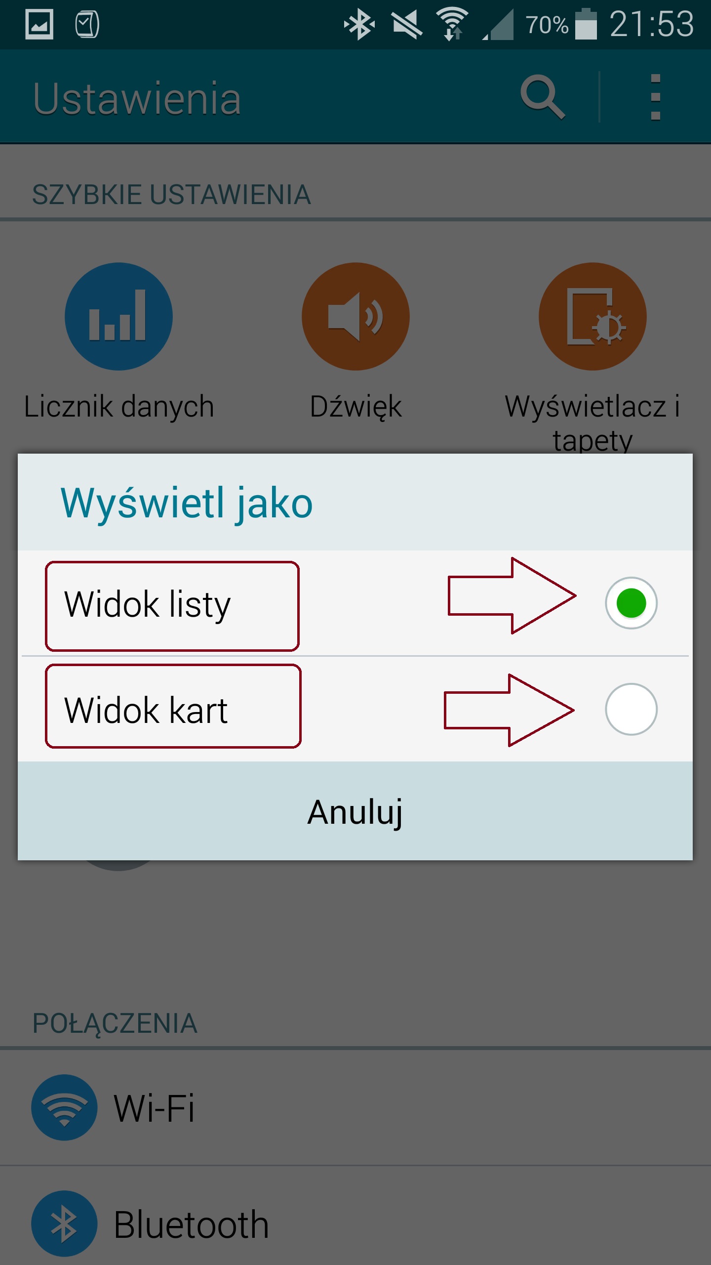 Do wyboru mamy Widok Listy taki mamy obecnie ustawiony oraz Widok Kart