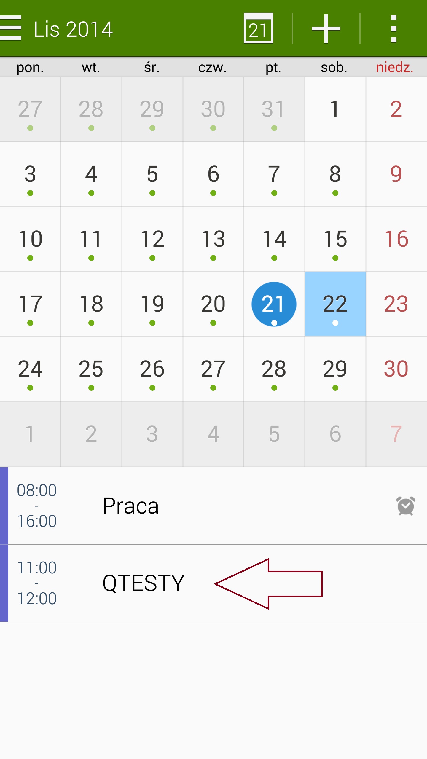 Po zatwierdzeniu naszym oczom ukaże się okno kalendarza z dokonanym wpisem