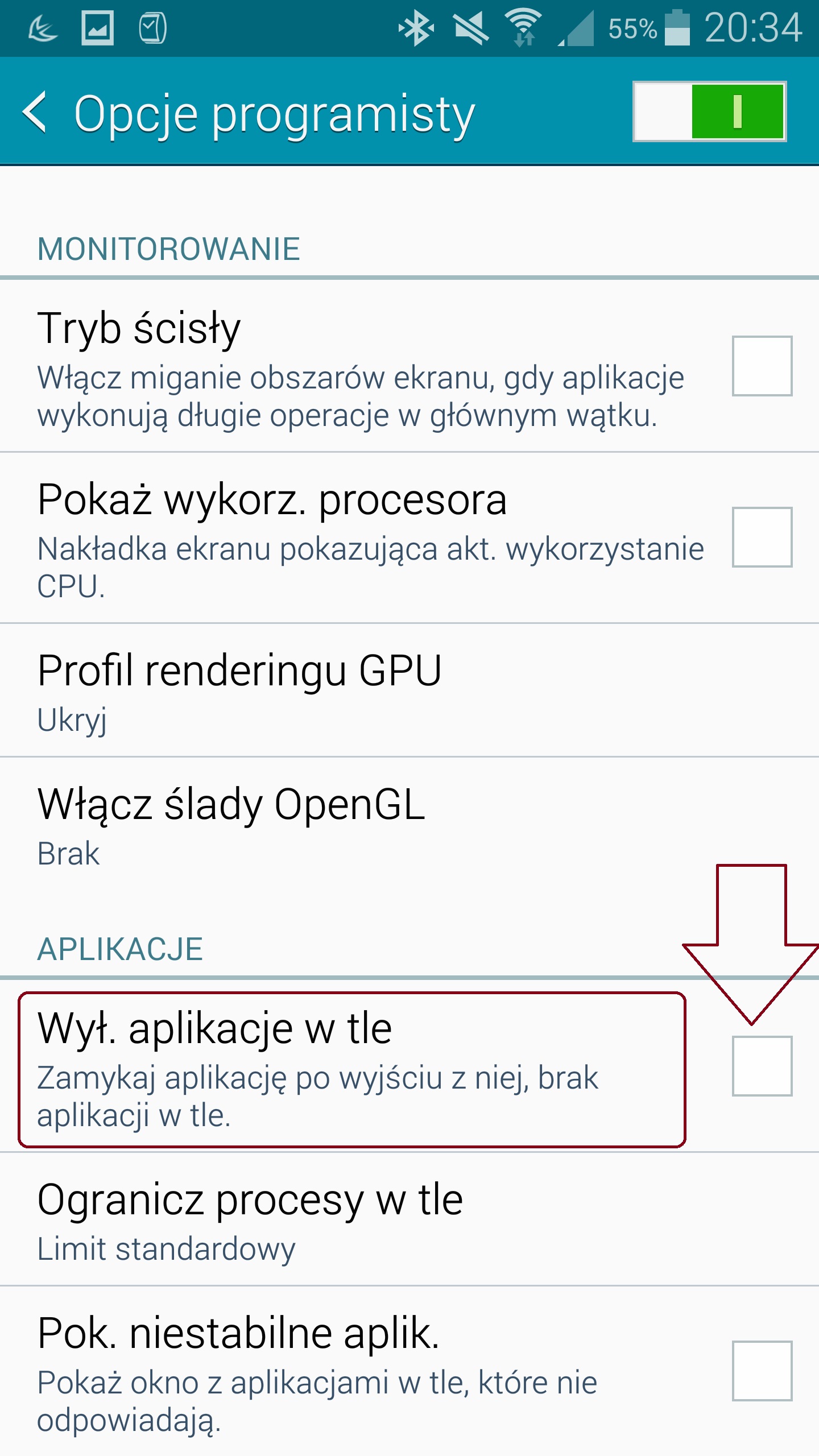 na liście odnajdujemy Aplikacje i poszukiwaną pozycję Wył Aplikacje w Tle