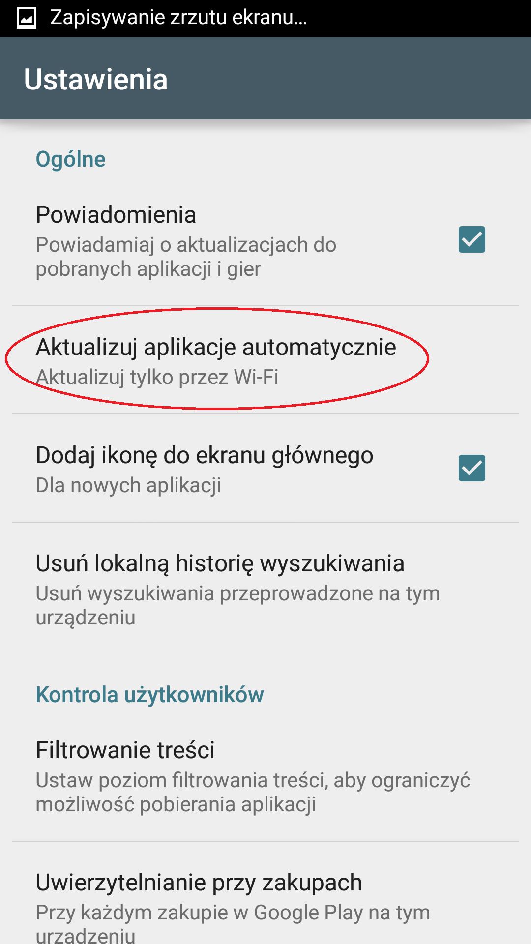 Wybieramy Aktualizuj aplikacje automatycznie