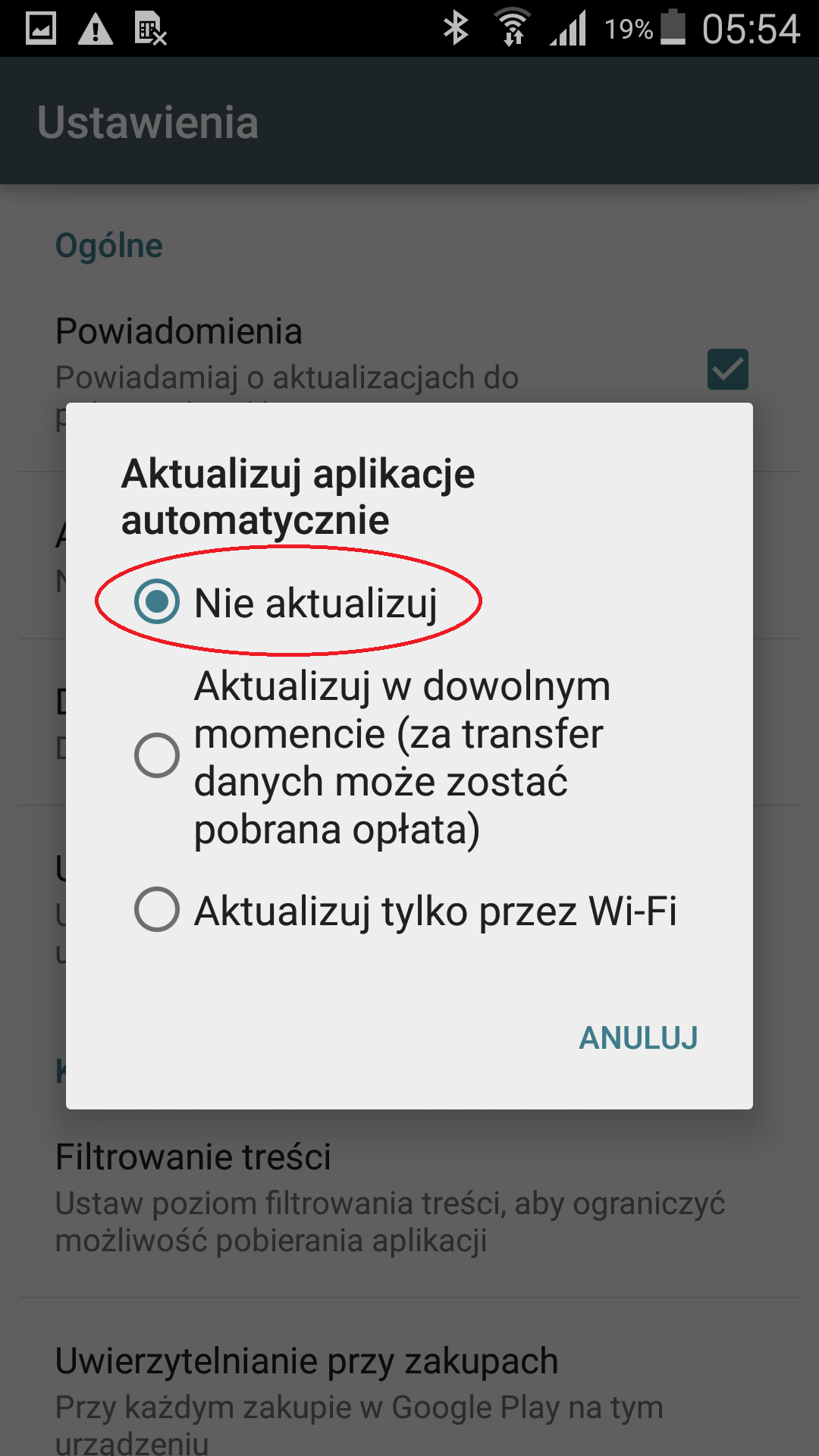 Zaznaczamy Nie aktualizuj