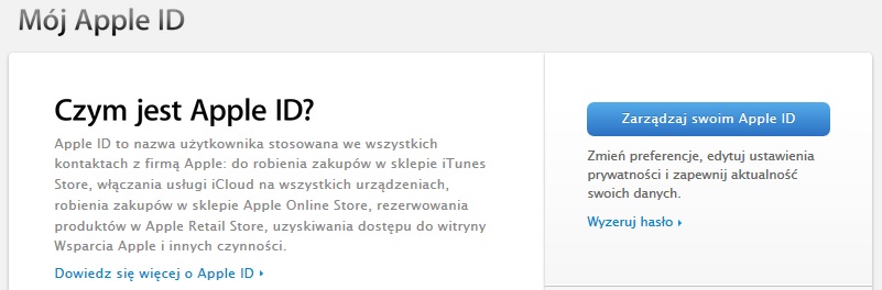 Kliknij na Zarządzaj swoim Apple ID lub Wyzeruj hasło