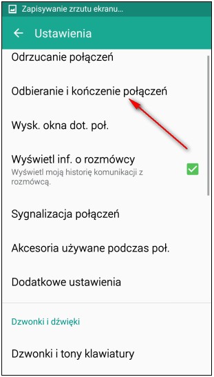 Po wejściu w ustawienia, kolejnym krokiem jest wybranie opcji ,,Odbieranie i kończenie połączeń"