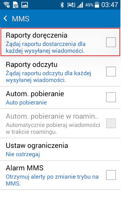 Należy wtedy zamiast SMS wybrać pozycję następną MMS i również zaznaczyć Raporty doręczenia