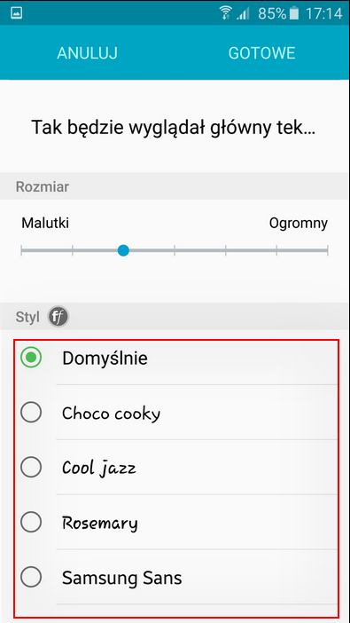 Pojawi się podgląd na dostępne czcionki
