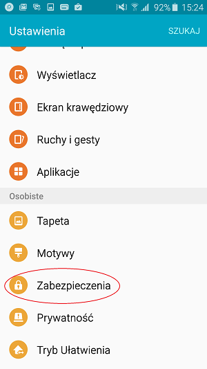 Na liście dostępnych opcji wybieramy pozycję „Zabezpieczenia”