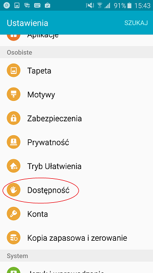 Na liście dostępnych opcji wybieramy pozycję „Dostępność”