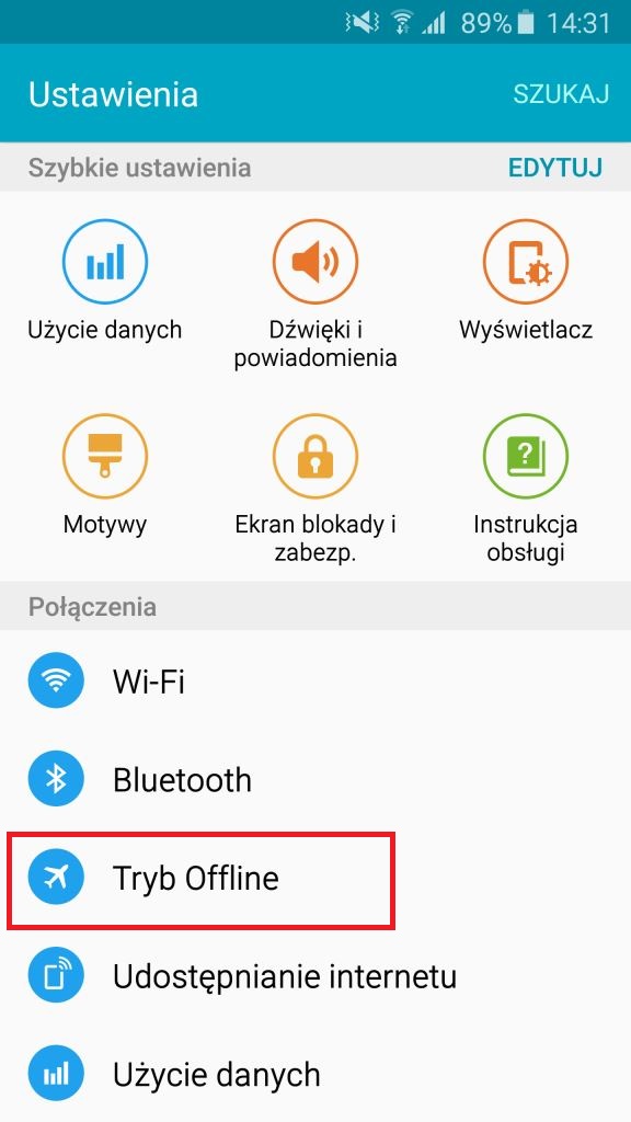 Kolejno proszę wejść w Tryb Offilne
