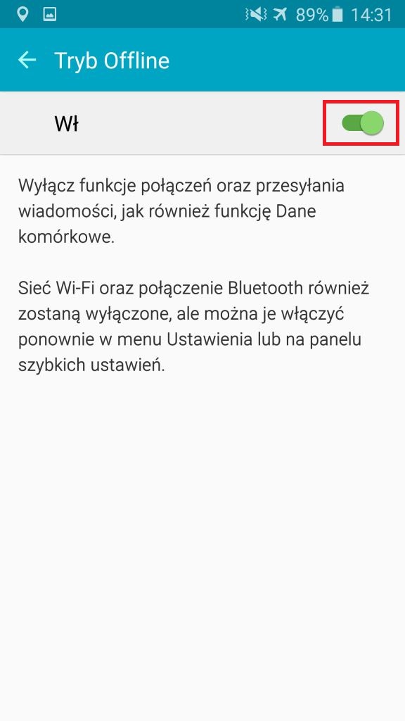 Aby go uaktywnić należy wskazany powyżej element przesunąć w prawo. Włączony Tryb wygląda następująco