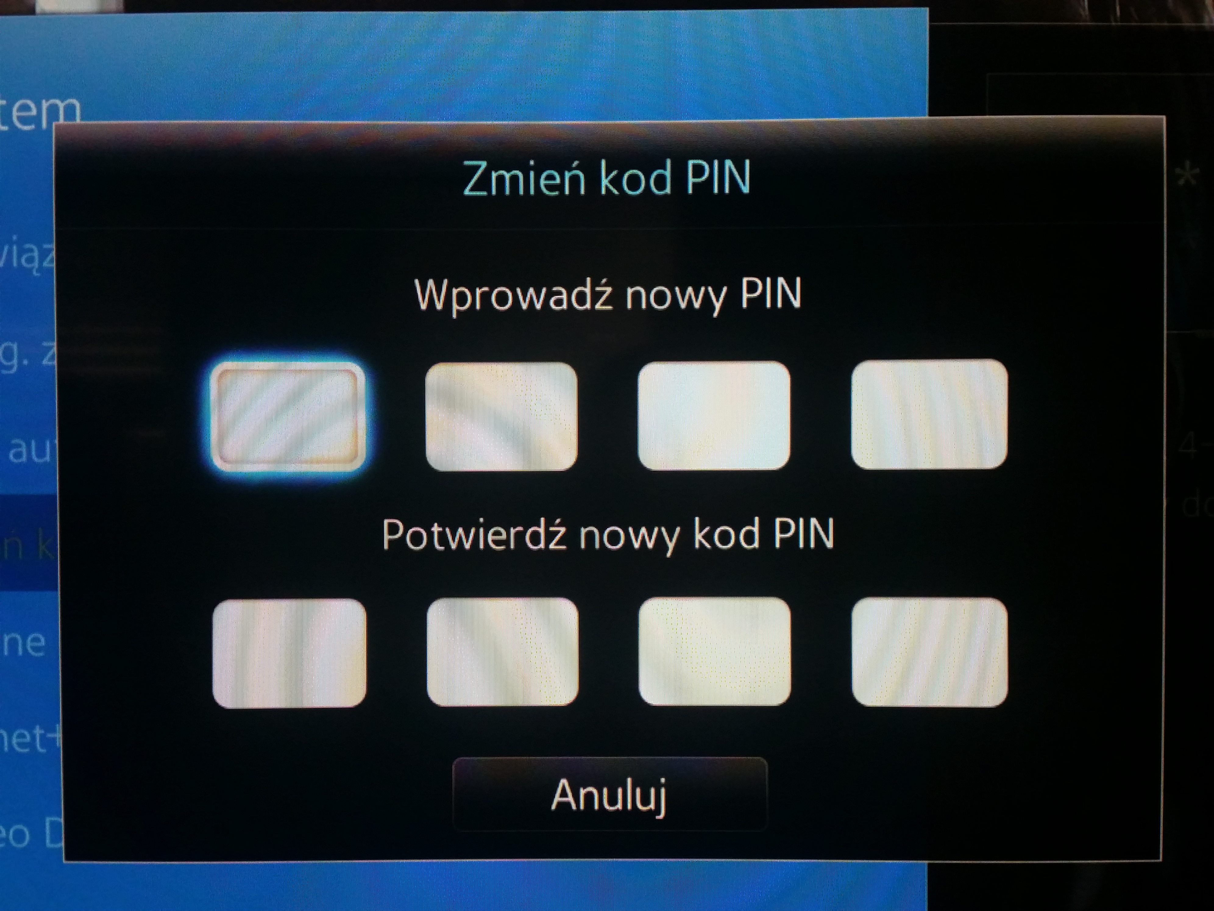 Wyświetli się okno w którym należy wprowadzić nowy kod PIN oraz jeszcze raz go potwierdzić