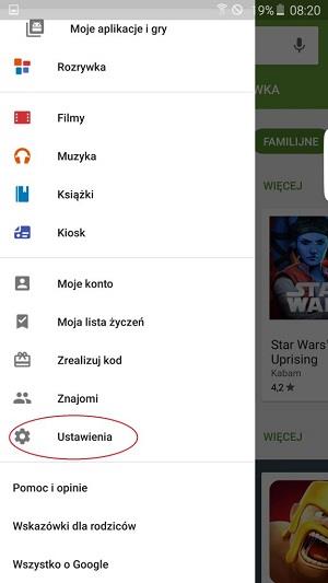 Na liście dostępnych pozycji wybieramy „Ustawienia”2