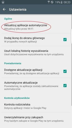 Wybieramy ”Aktualizuj aplikacje automatycznie”