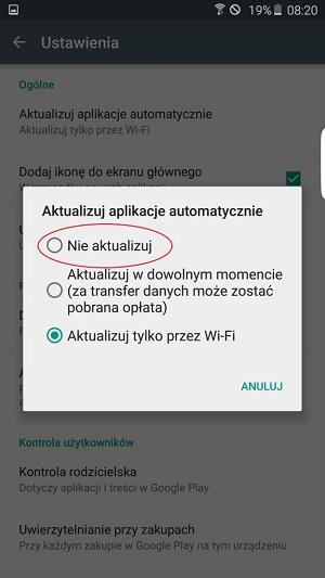Wciskamy pozycję „Nie aktualizuj”
