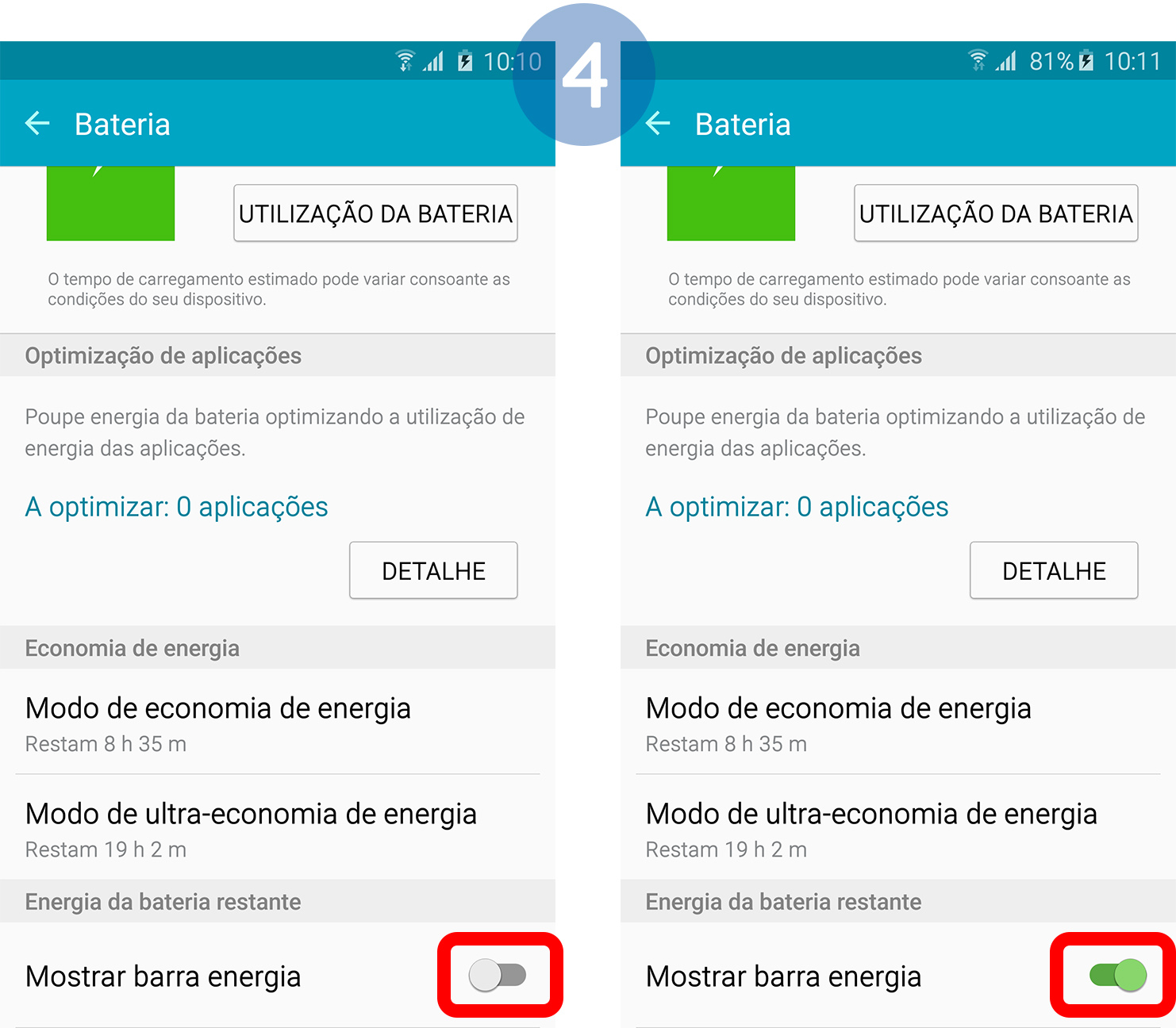 Mova o interruptor ao lado de “Mostrar barra de energia” da esquerda para a direita