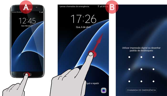 coloque o respetivo dedo para o desbloqueio na Tecla principal