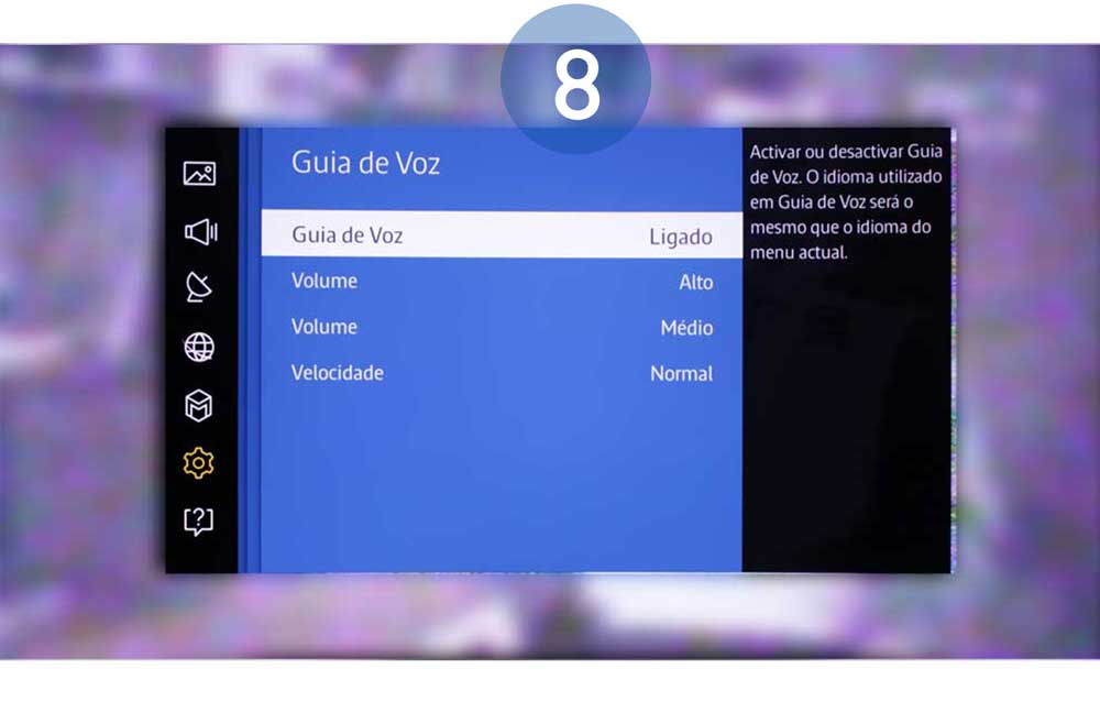 Agora o televisor fornece guias de voz para movimento de seleção