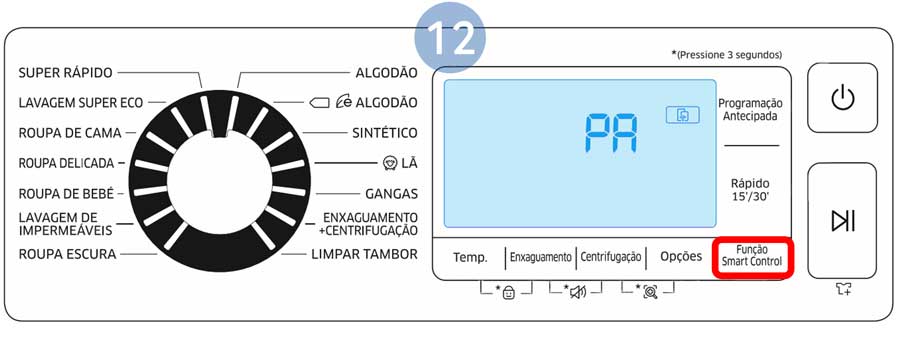 Na máquina de lavar toque no botão Função Smart Control até ser apresentado o código "PA" no visor LED