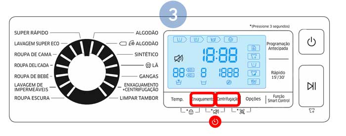 Para voltar a ativar o som, faça pressão novamente em Enxaguamento e Centrifugação durante 3 segundos
