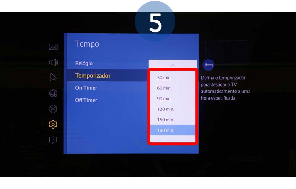 Selecione o tempo que prentende definir para o televisor se desligar