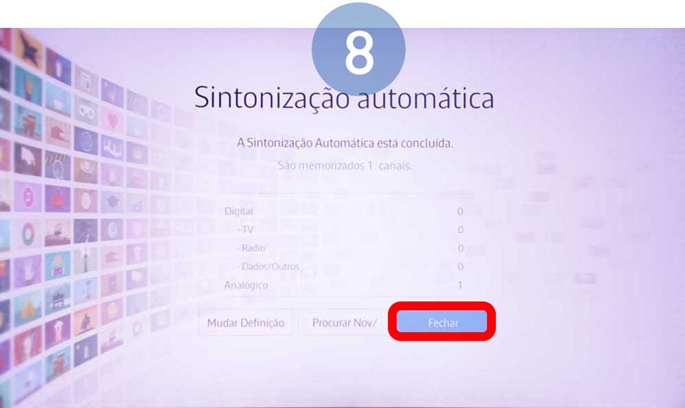 Selecione Fechar para concluir a sintonização ou selecione Procurar Nov/ para efetuar novamente a sintonização