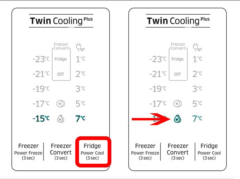 Para ativar Power Cool (Refrigeração rápida), carregue sem soltar em Fridge (Frigorífico) durante 3 segundos
