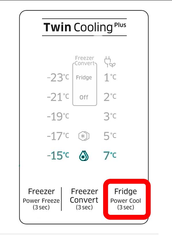 Para desativar Power Cool (Refrigeração rápida), carregue sem soltar em Fridge (Frigorífico) novamente durante 3 segundos