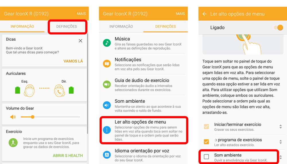 Caso não oiça a função ao tocar sem soltar no touchpad verifique se a função está ativada na aplicação Samsung Gear no dispositivo móvel