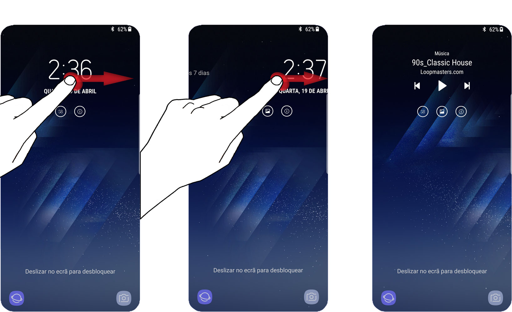 Para visualizar os FaceWidgets basta arrastar na informarção do ecrã bloqueado ou do Always on Display para a esquerda ou direita