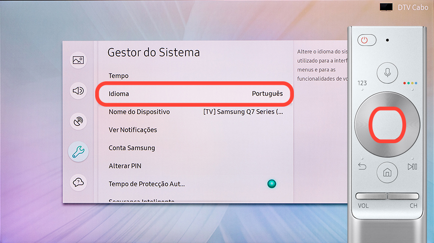 Percorra e selecione Idioma