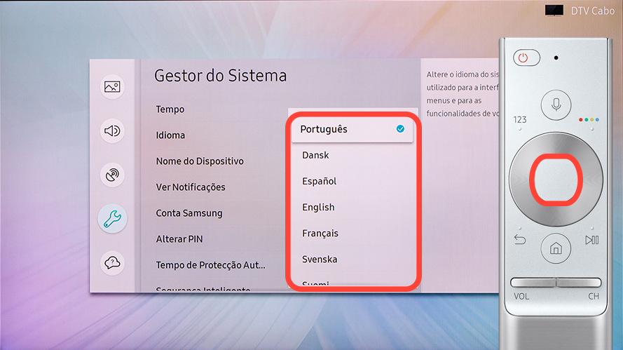 Selecione o idioma que pretenda que seja apresentado na TV