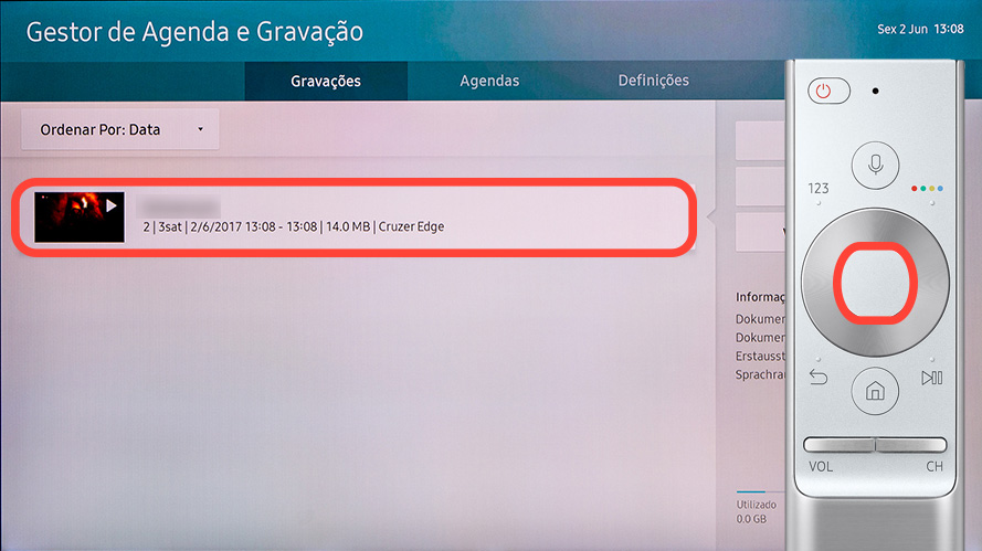 Poderá visualizar as gravacoes em Gestor de Agenda e Gravacao. Podera aceder a este ecra atraves do Ecra de Inicio (Smart Hub) > Gravacoes