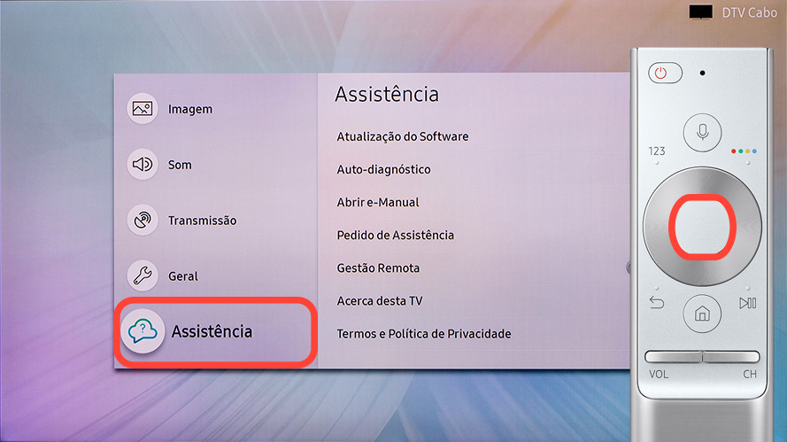 Percorra o menu e selecione Assistência