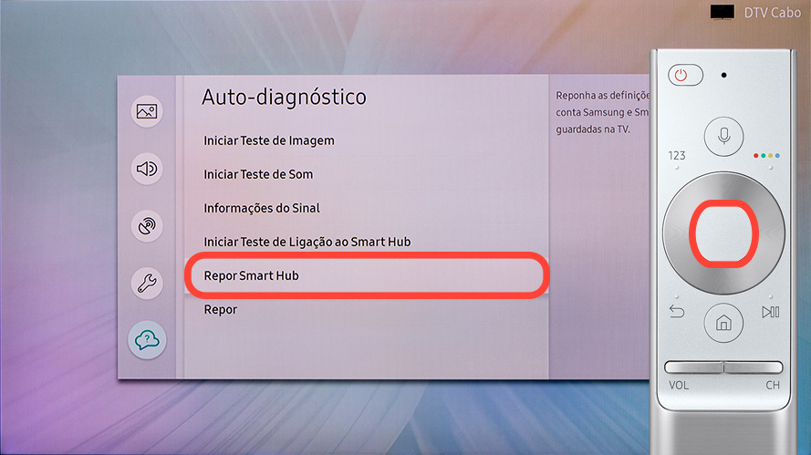 Percorra e selecione Repor Smart Hub