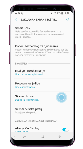 Dodirnite „Skener dužice oka“ i podesite šaru, PIN ili lozinku