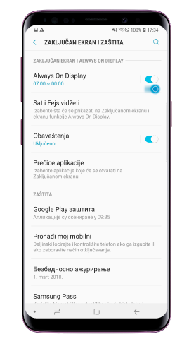 Dodirnite i prevucite prekidač da biste aktivirali funkciju Uvek na displeju. Dodirnite „Sat i vidžeti za lice“