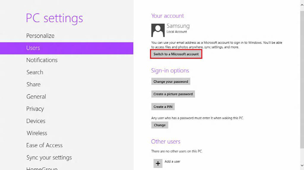 Select Switch to a Microsoft account from Your account