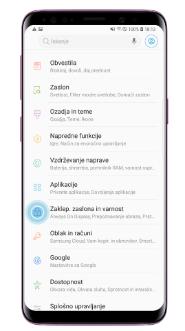 Odprite Nastavitve pritisnite „Zaklep zaslona in varnost“