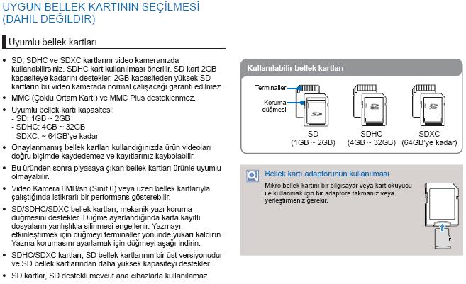 HMX-F90 video kameranın uygun bellek kartları