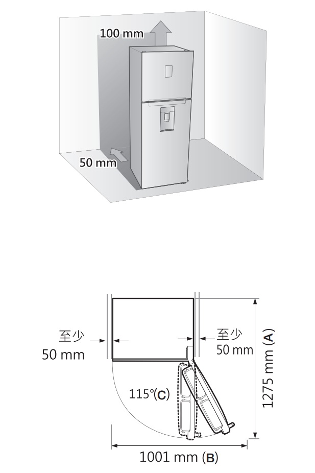 冰箱安置時,與牆面建議距離為多少?