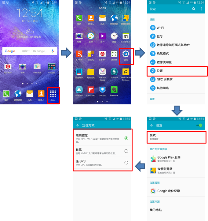 Galaxy Note 4 的「定位」功能有哪些設定?