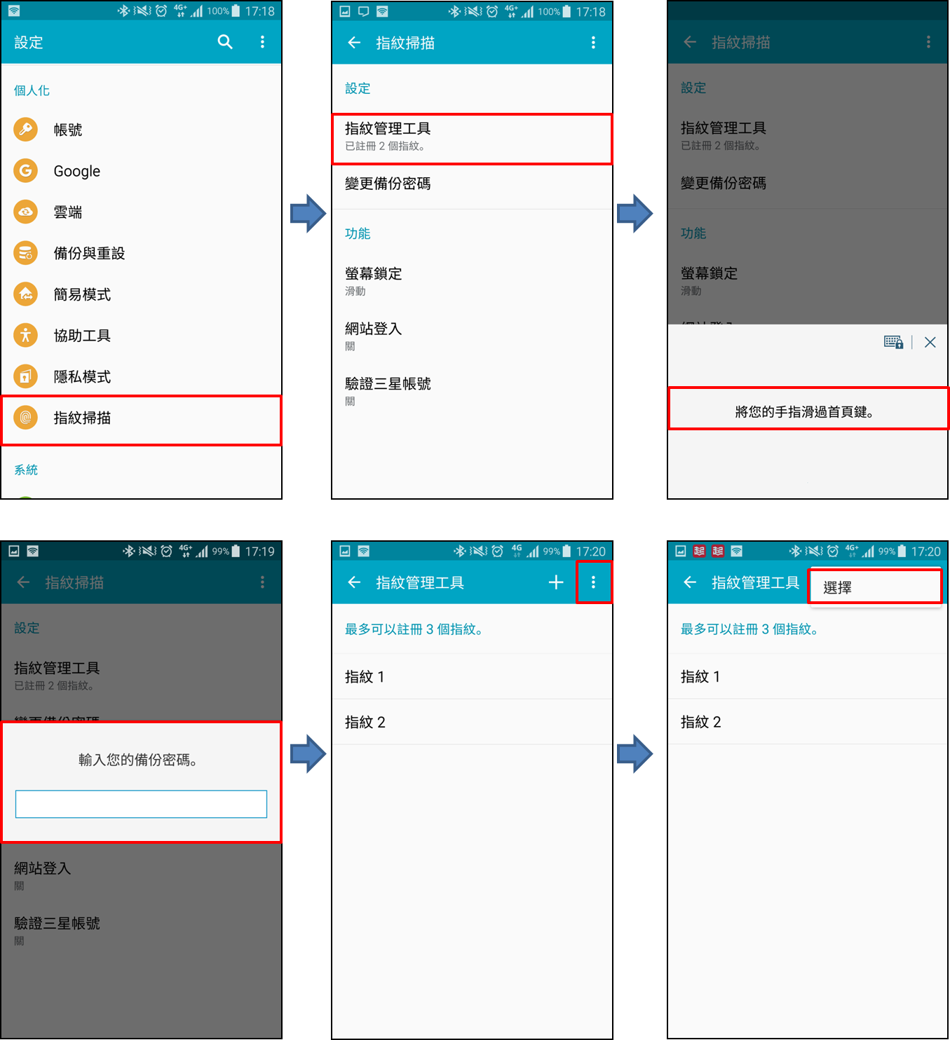 我想取消 Galaxy Note 4 (SM N910U) 註冊的指紋應該如何操作呢?
